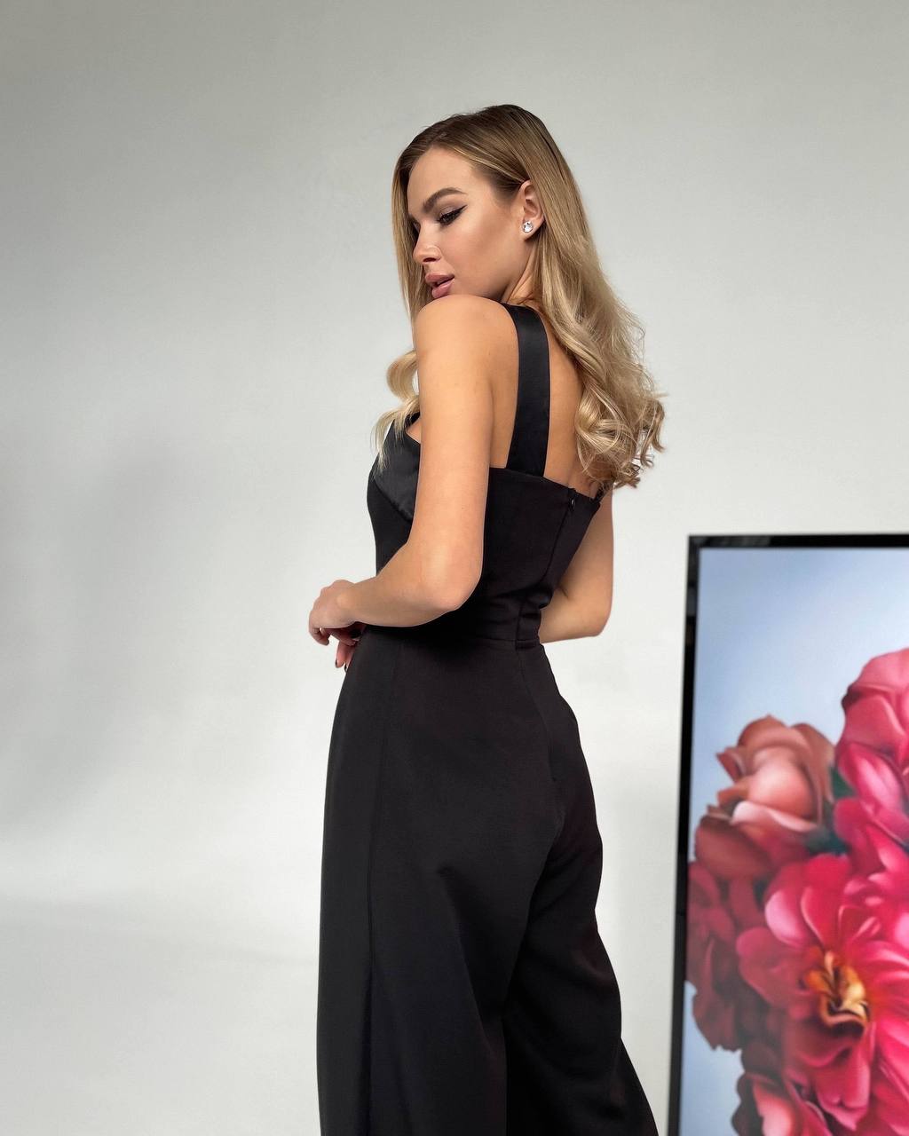 Electra Black Jumpsuit for Women with Satin Details