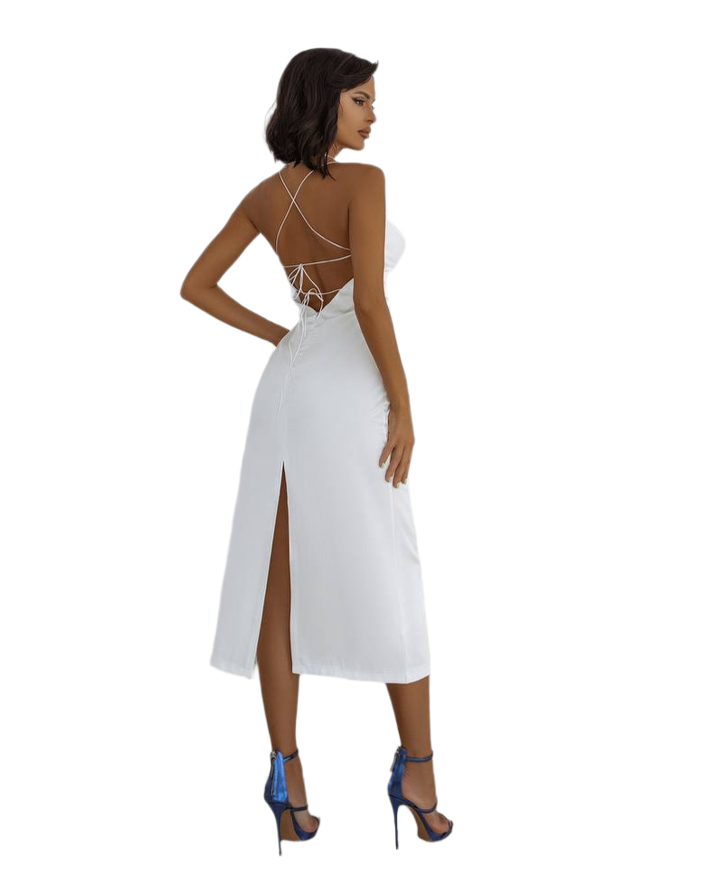 Elegant White Satin Slip Dress with Crisscross Back Straps