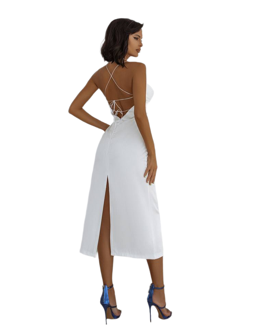 Elegant White Satin Slip Dress with Crisscross Back Straps