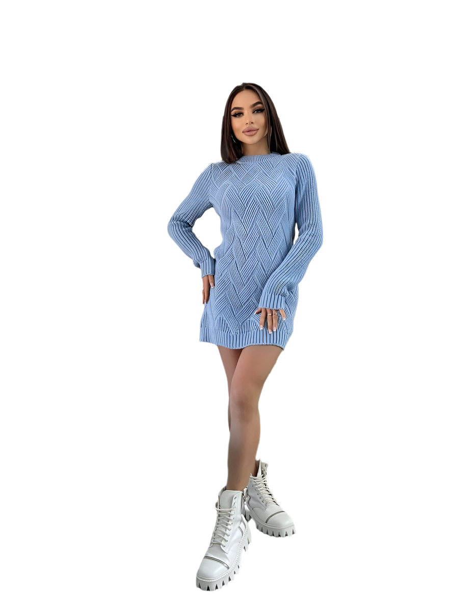 Woman wearing a blue knitted dress with white boots on a white background