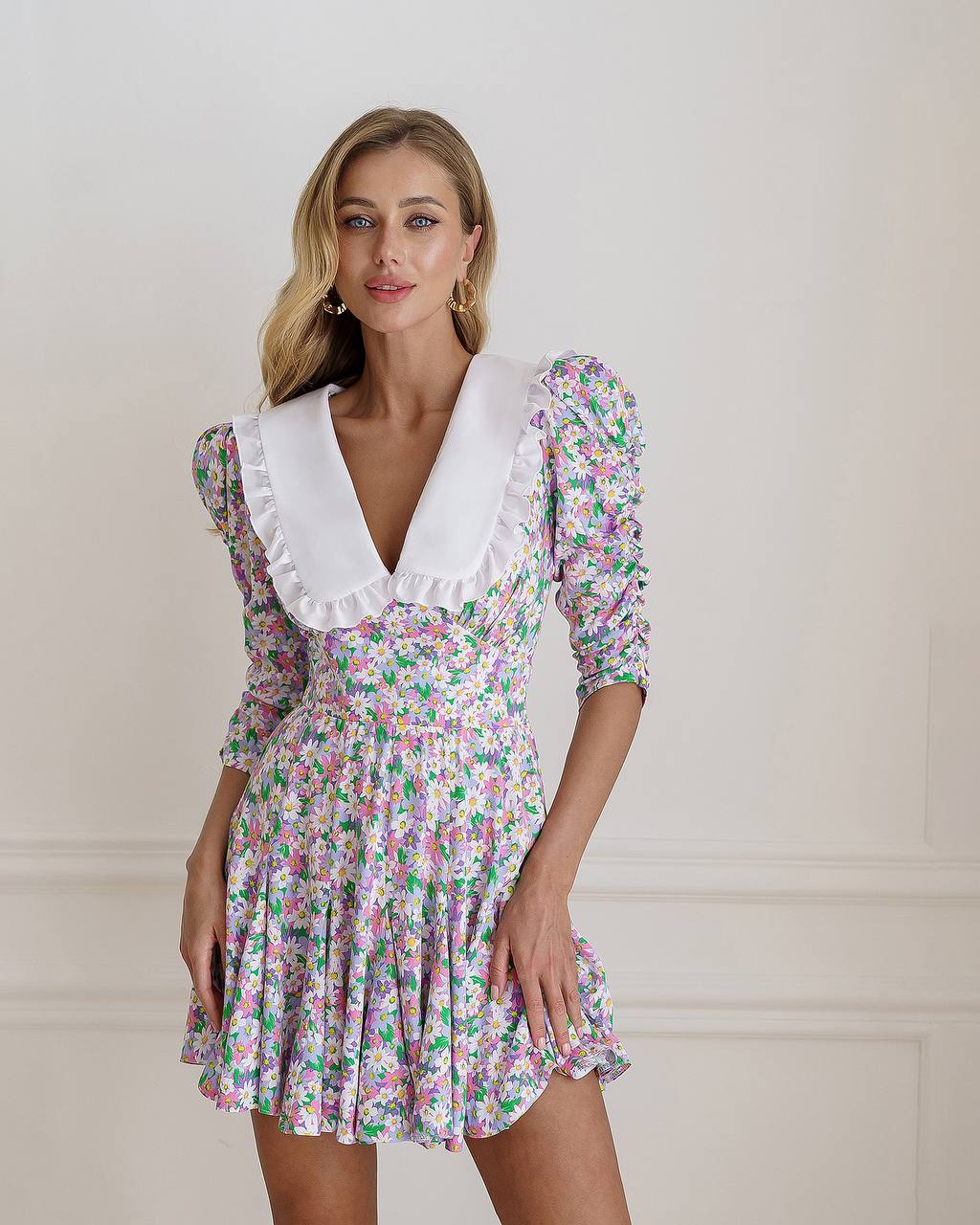 Women Floral Print Dress with White Cotton Collar