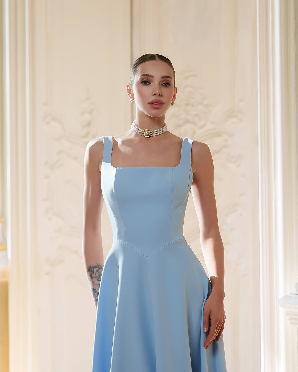 Elegant Blue Midi Dress in Premium Suit Crepe-Diagonal Fabric