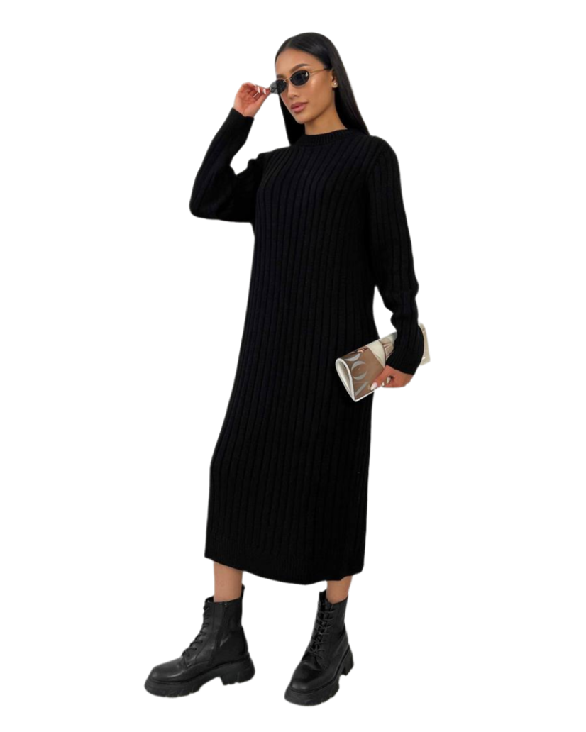 Seamless Knitted Black Dress for Women Long Sleeve