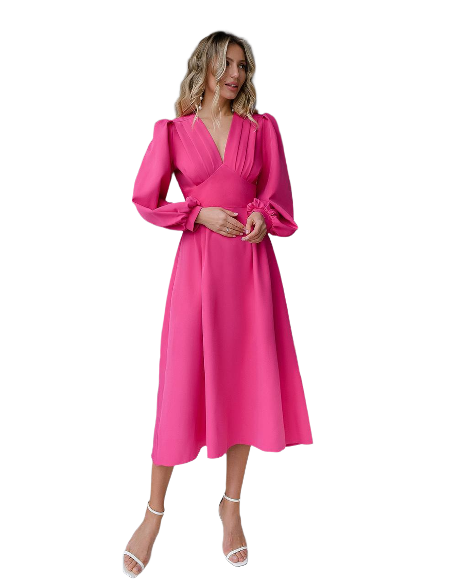 Elegant Pink Midi Dress with Pleated V-Neck and Long Sleeves