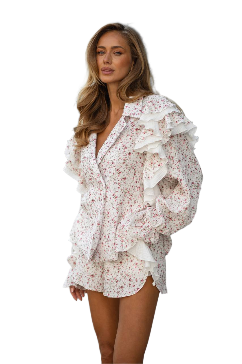 Muslin Women's Two-Piece Shirt and Shorts Suit with Ruffled Sleeves