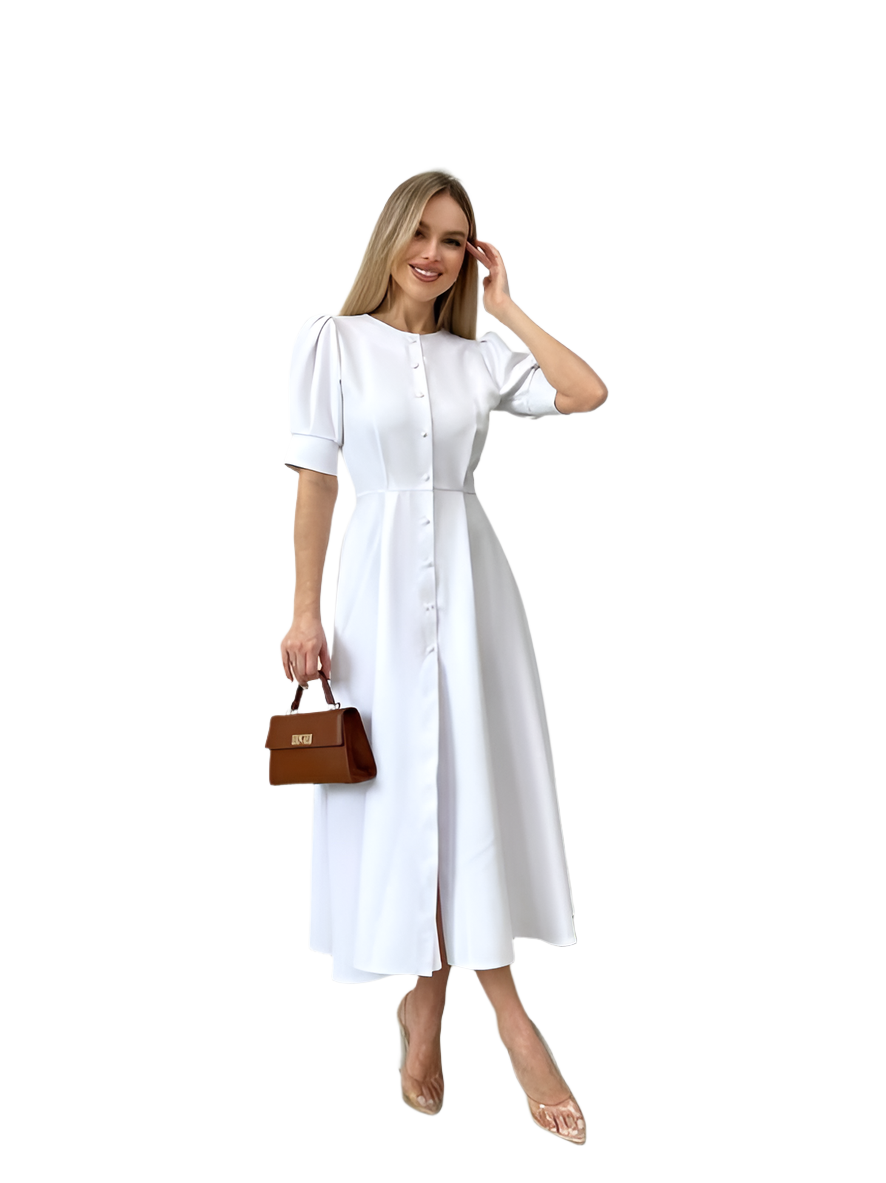 Woman wearing a white dress holding a brown handbag on a white background