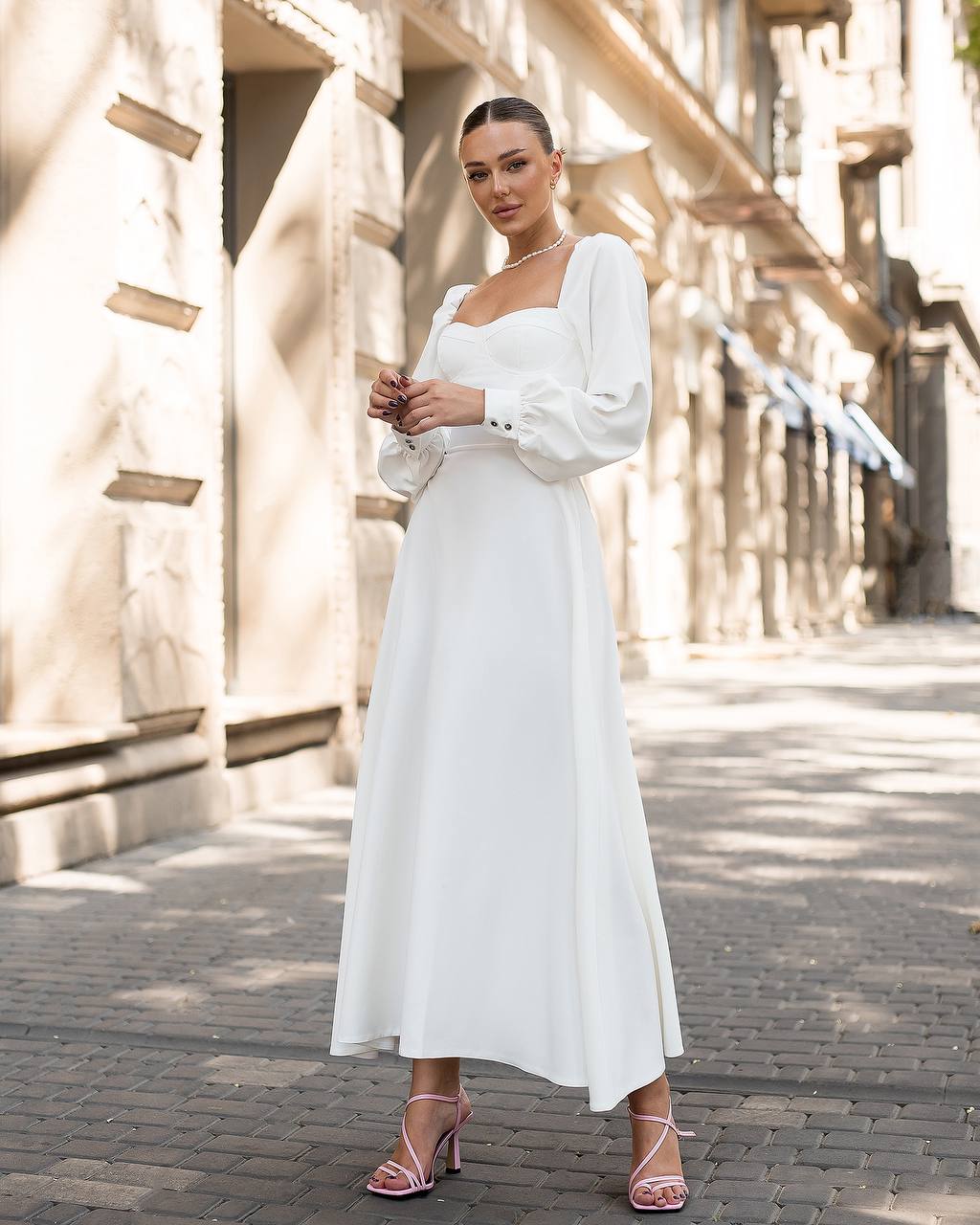 White Midi Dress with Cups and Long Puff Sleeves for Women