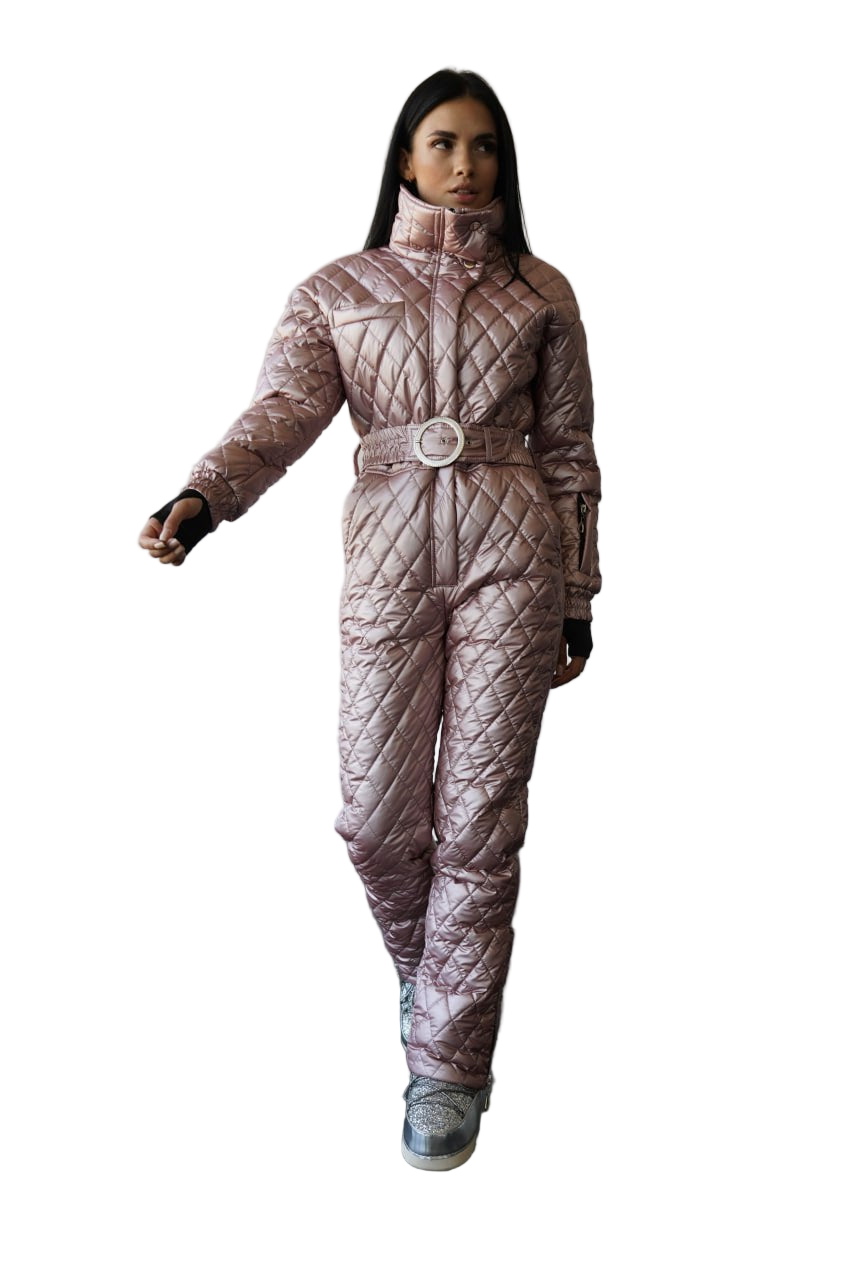 Quilted Overall High Collar Rose Metallic Water Repellent Puffer Ski Jumpsuit