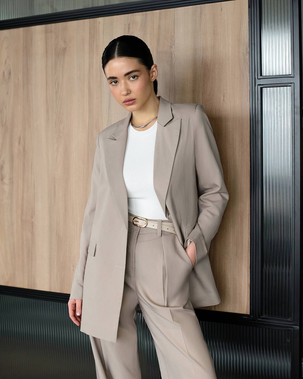 Womens Polished Tiar Lux Fabric Suit Beige Jacket and Pants