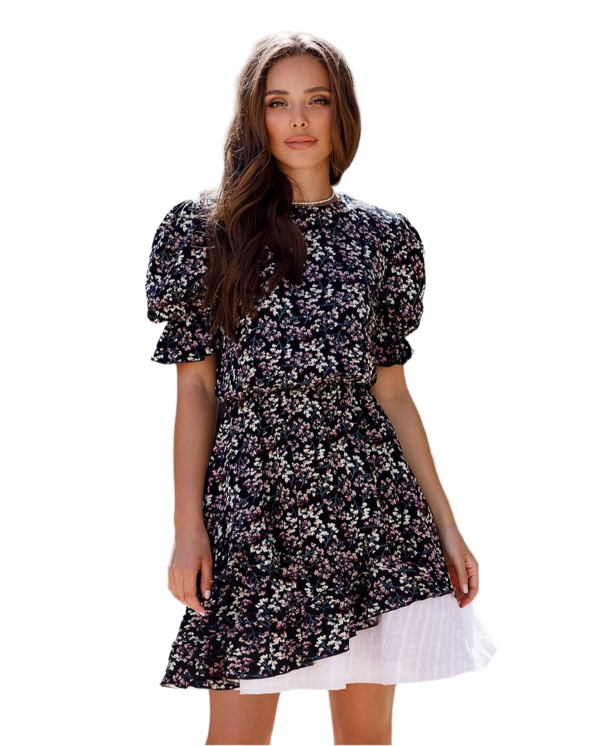 Floral Puff Sleeve Dress with White Cotton Insert
