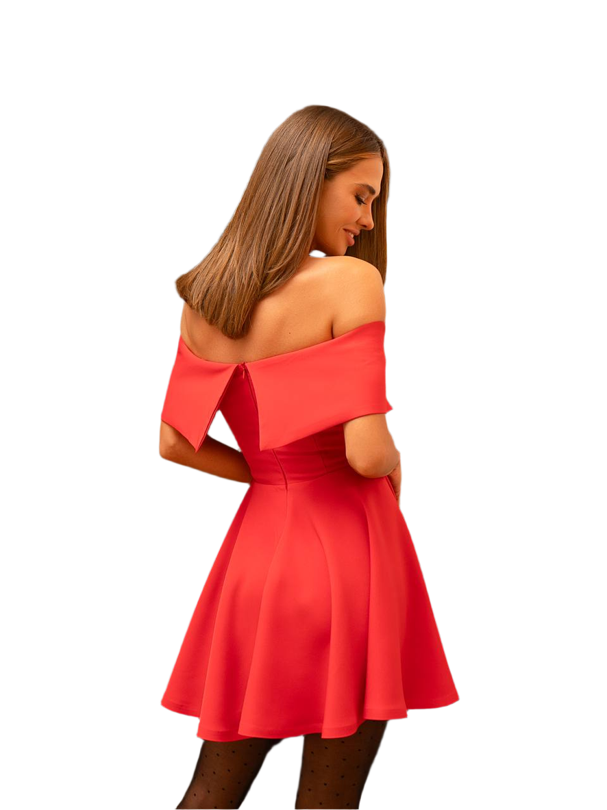 Woman wearing a red off-shoulder dress on a white background