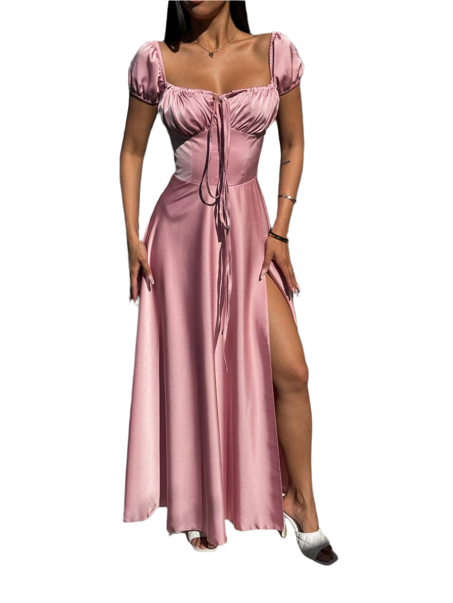 Elegant Pink Satin Evening Dress with Puff Sleeves and Slit
