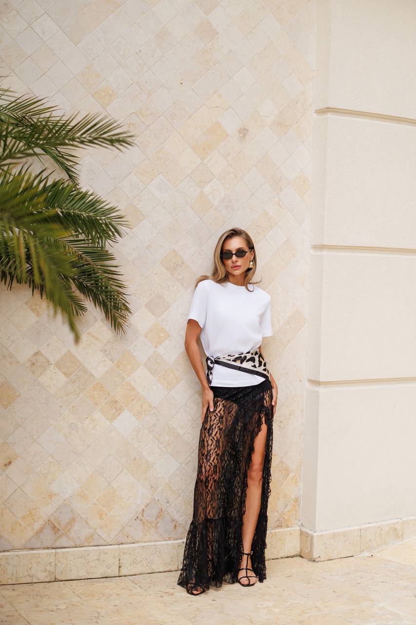 Womens Black Lace Skirt and Shorts Set with Ruffle Detail