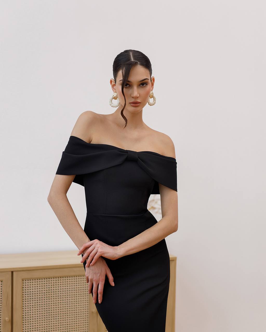 Elegant Off-Shoulder Black Midi Dress with Corset Detail