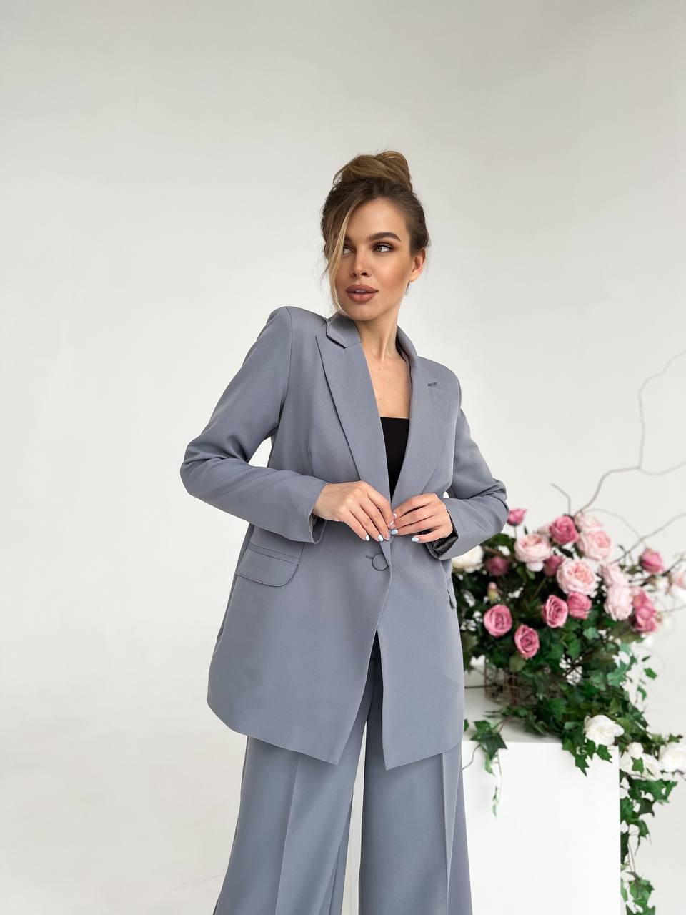 Gray Palazzo Suit Women Diagonal Crepe Tailored Blazer and Wide Leg Trousers