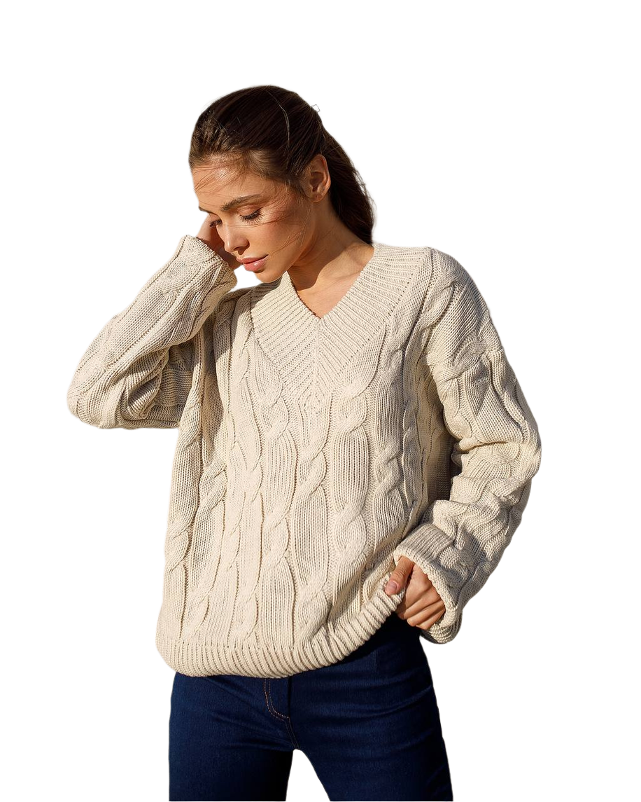 Womens Cable Knit V Neck Sweater Oversized Chunky Pullover