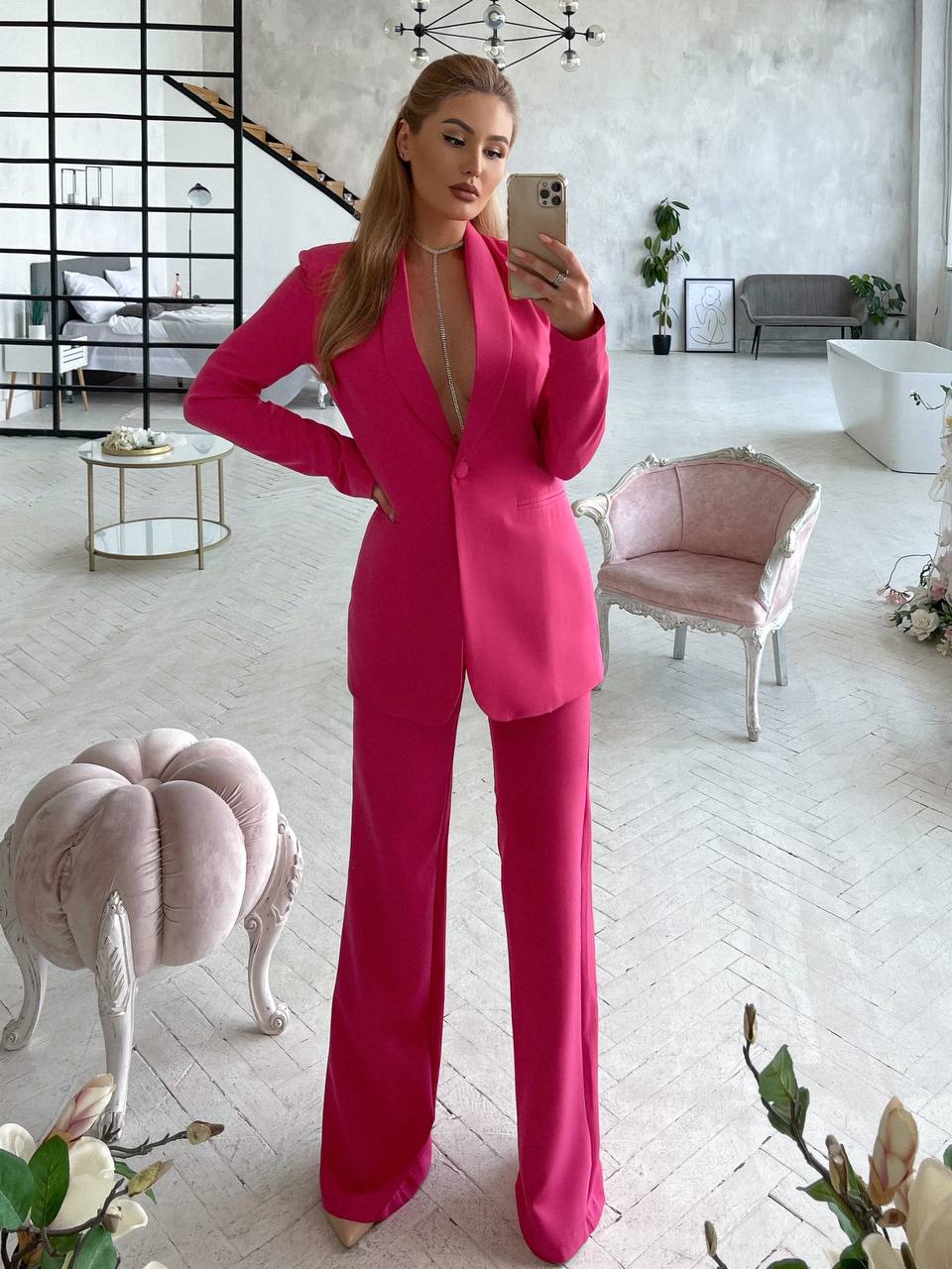 Womens Pink Suit with Lined Blazer and Flared Pants