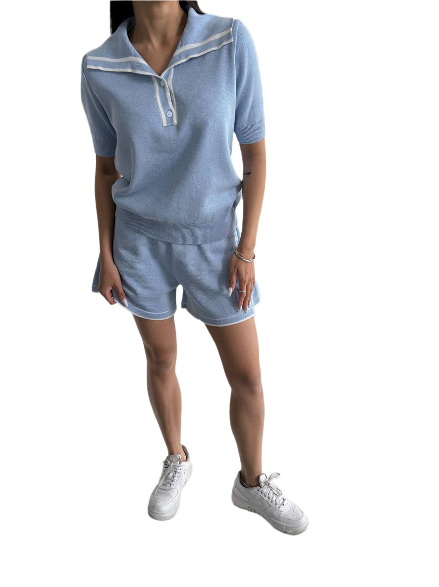 Loren Shorts Suit Women Light Blue Cotton Two-Piece Set