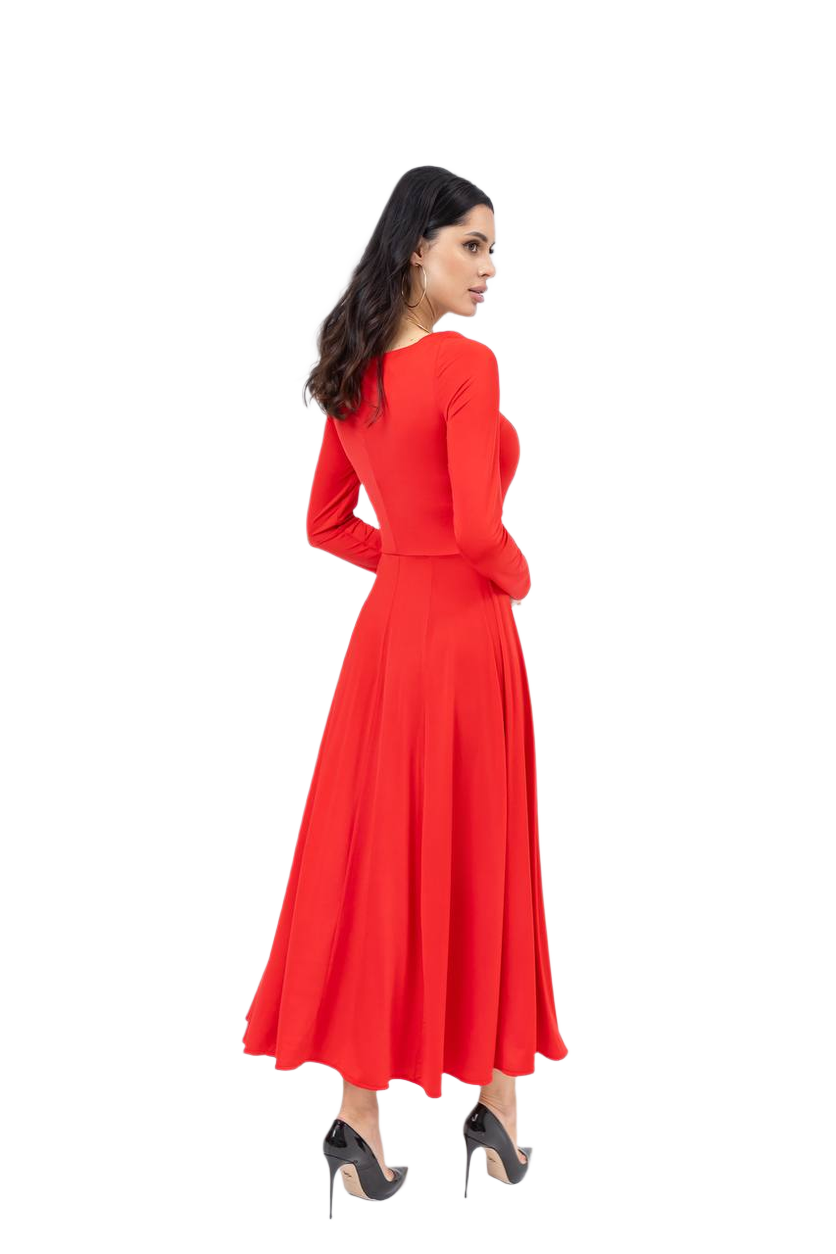 Woman wearing a red dress on a white background
