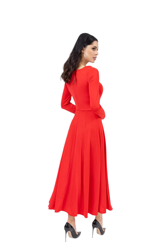 Woman wearing a red dress on a white background