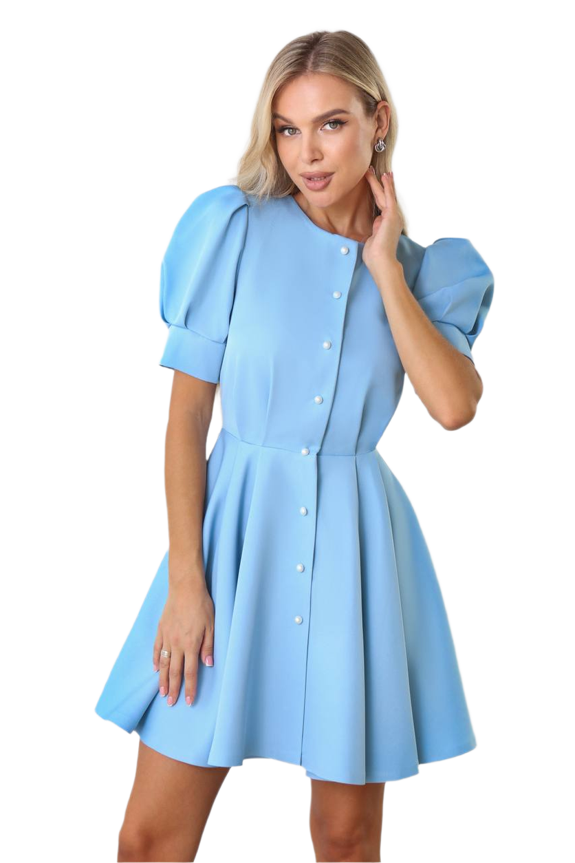 Light Blue Puff Sleeve Button Front Diagonal Crepe Dress