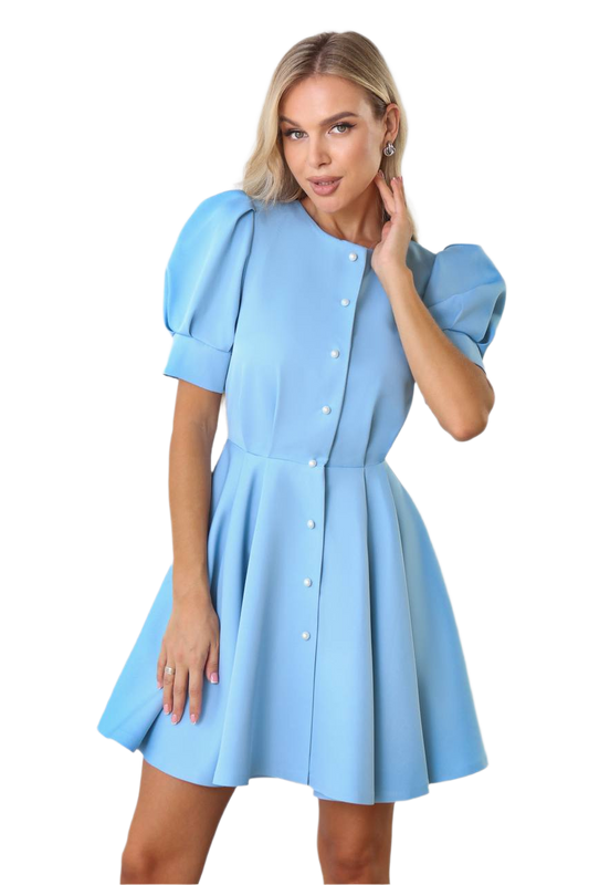 Light Blue Puff Sleeve Button Front Diagonal Crepe Dress