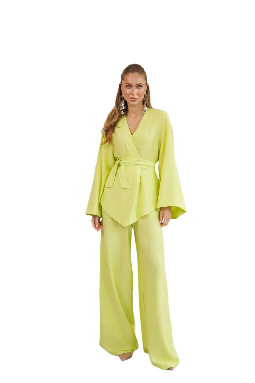 Premium Silk and Linen Boho Women's Suit with Wrap Top and Wide-Leg Pants