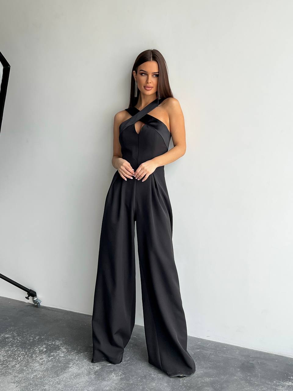 Electra Black Jumpsuit for Women with Satin Details