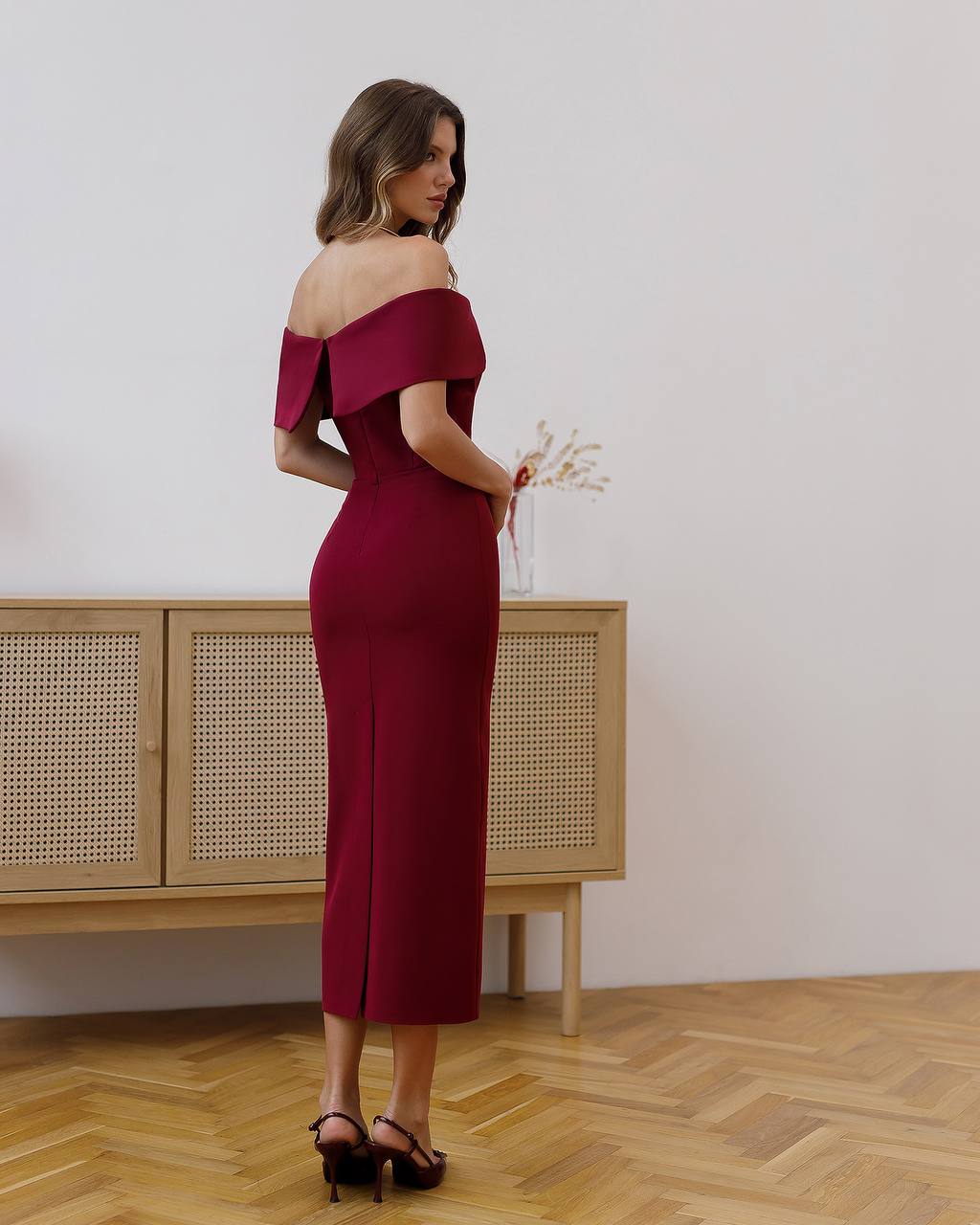 Elegant Burgundy Off Shoulder Midi Dress with Corset Detail