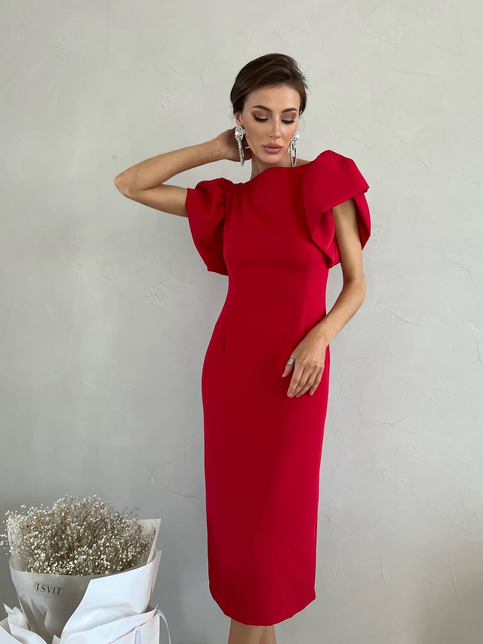 Woman wearing a red dress with ruffled sleeves against a plain background