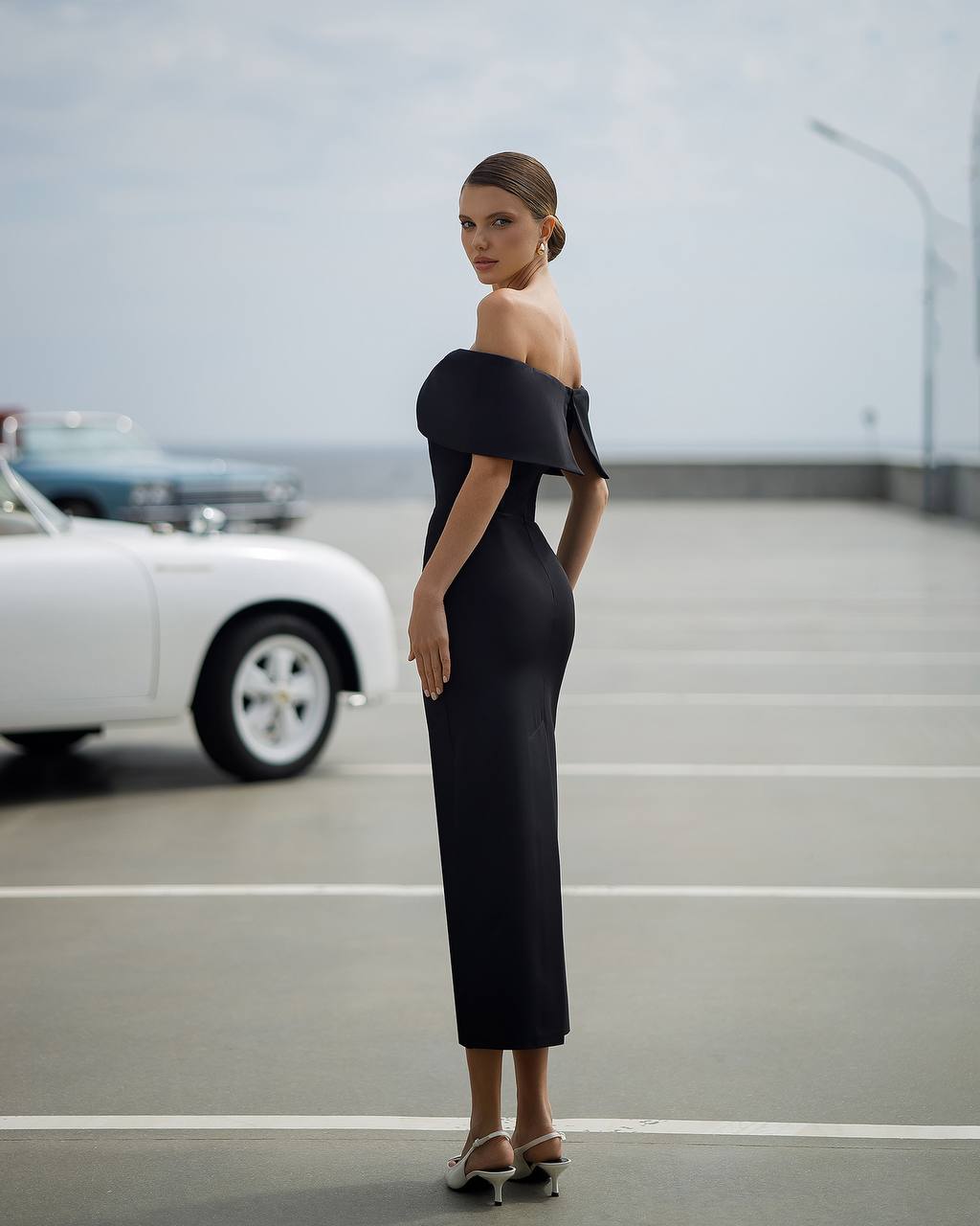 Elegant Off-Shoulder Black Midi Dress with Corset Detail
