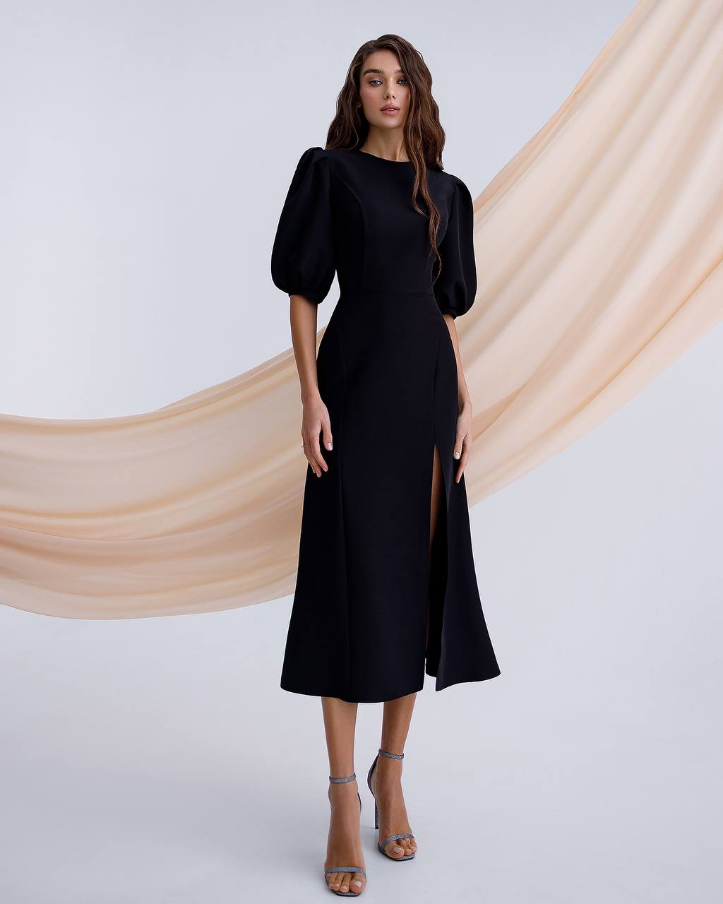 Elegant Women Midi Dress in Premium Diagonal Crepe Fabric