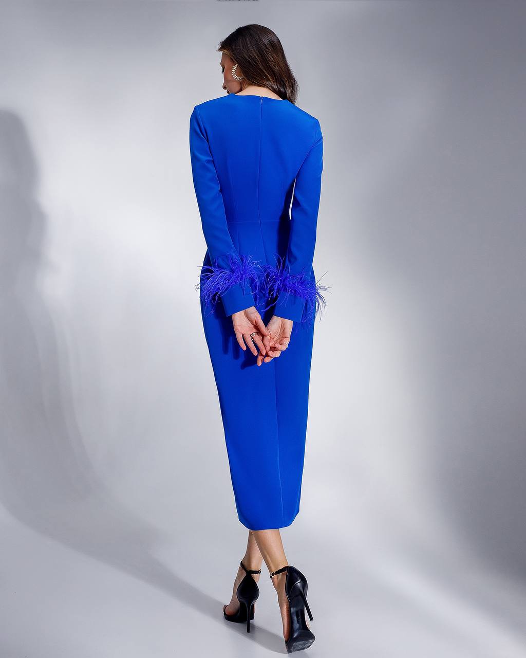 Elegant Midi Dress with Feather Sleeves in Premium Crepe-Diagonal Fabric