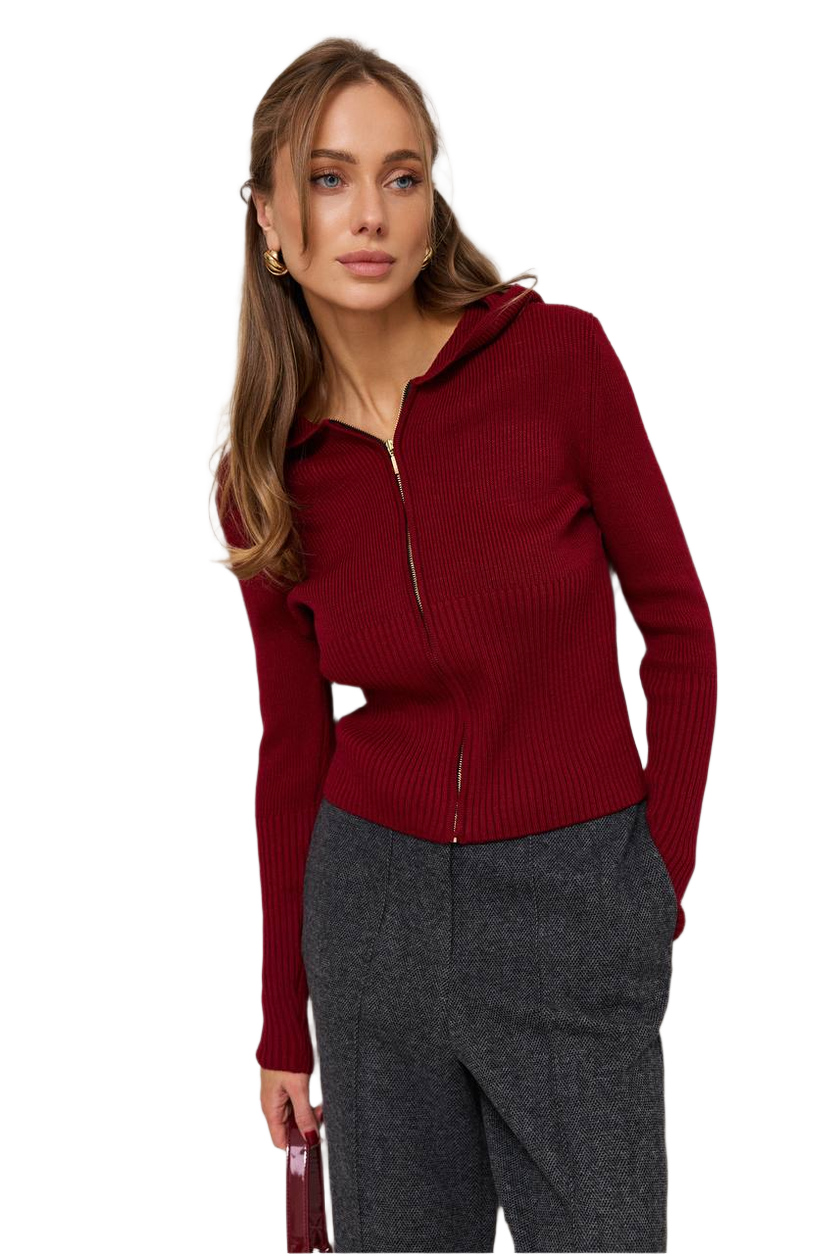 Magda Women's Ribbed Hooded Sweater with Zipper Closure