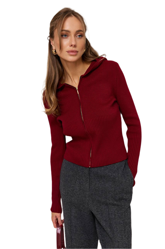 Magda Women's Ribbed Hooded Sweater with Zipper Closure