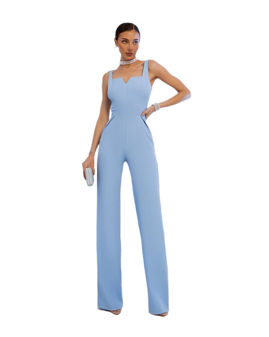Elegant Wide Leg Diagonal Crepe Jumpsuit for Women in Sky Blue
