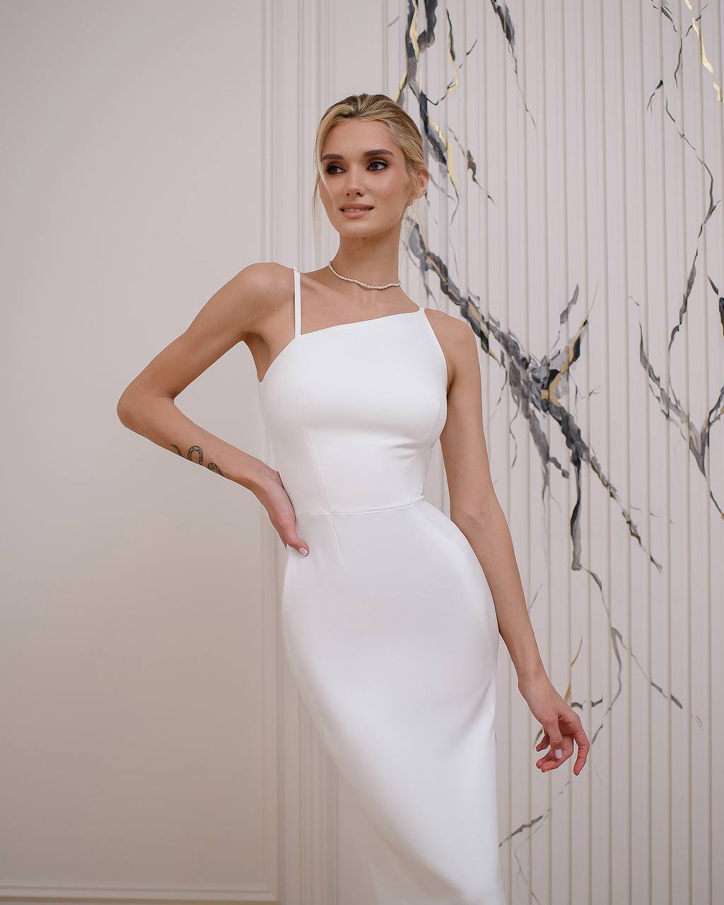 Elegant One-Shoulder White Midi Dress with Side Slit