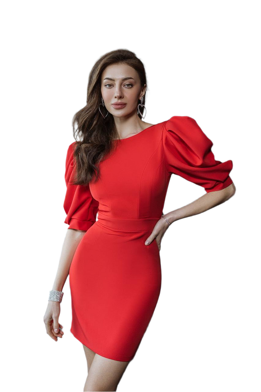 Woman wearing a red dress with puffed sleeves on a white background