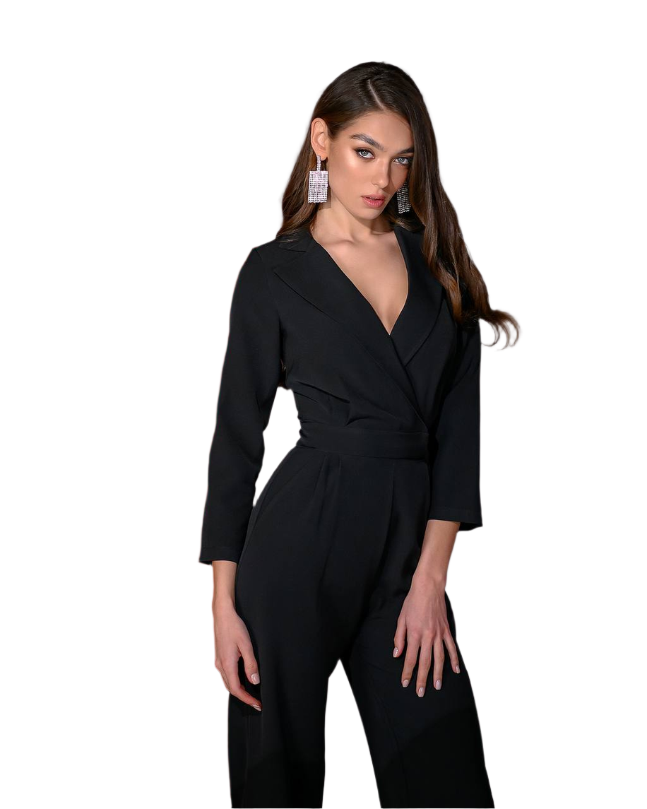 Woman wearing a black jumpsuit on a white background