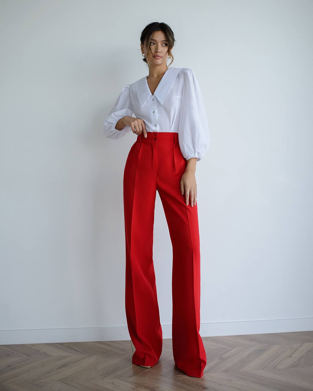 Women's High Waist Wide Leg Trousers in Suiting Crepe Diagonal Fabric