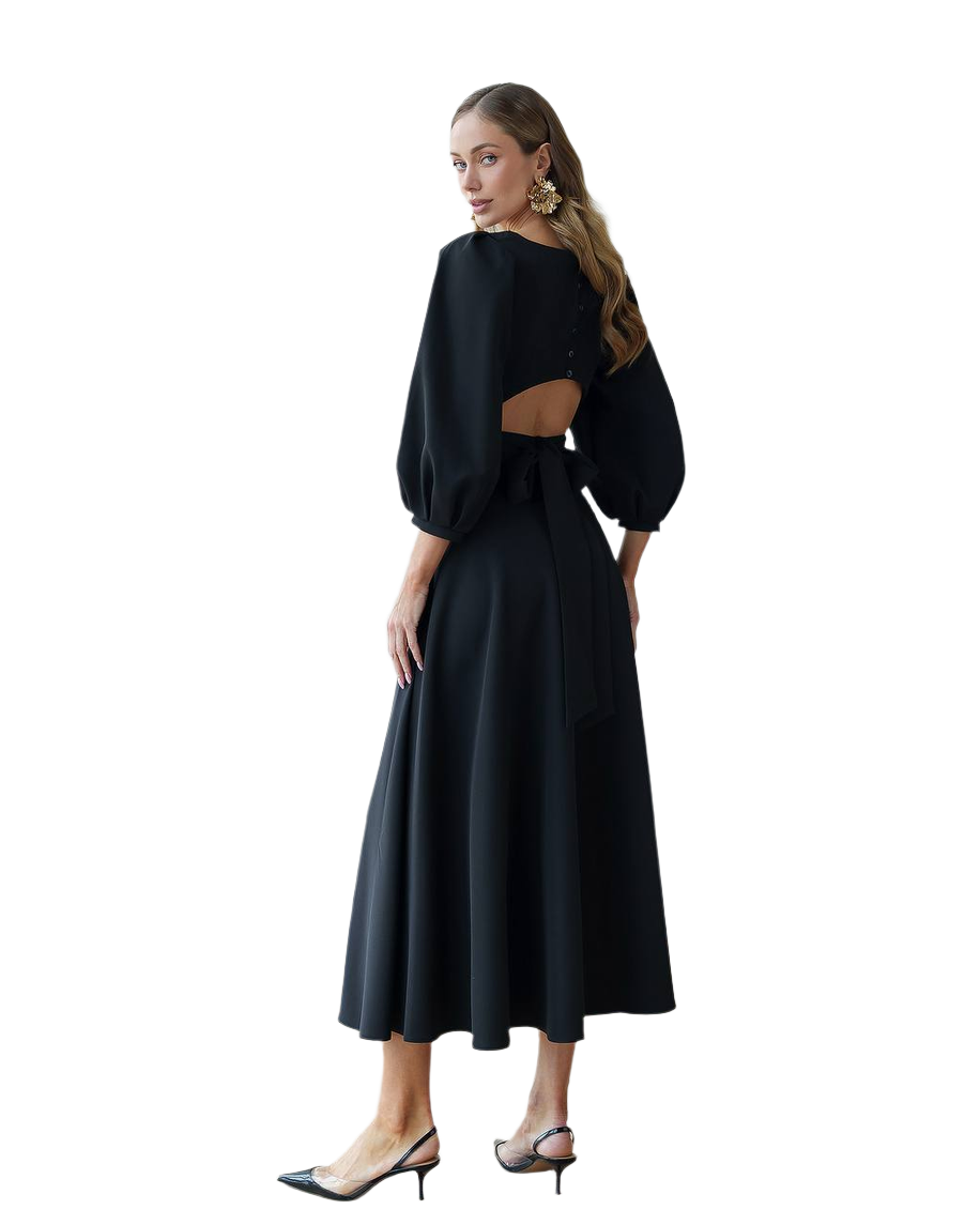 Elegant Midi Dress with Puff Sleeves and Cutout Back in Black