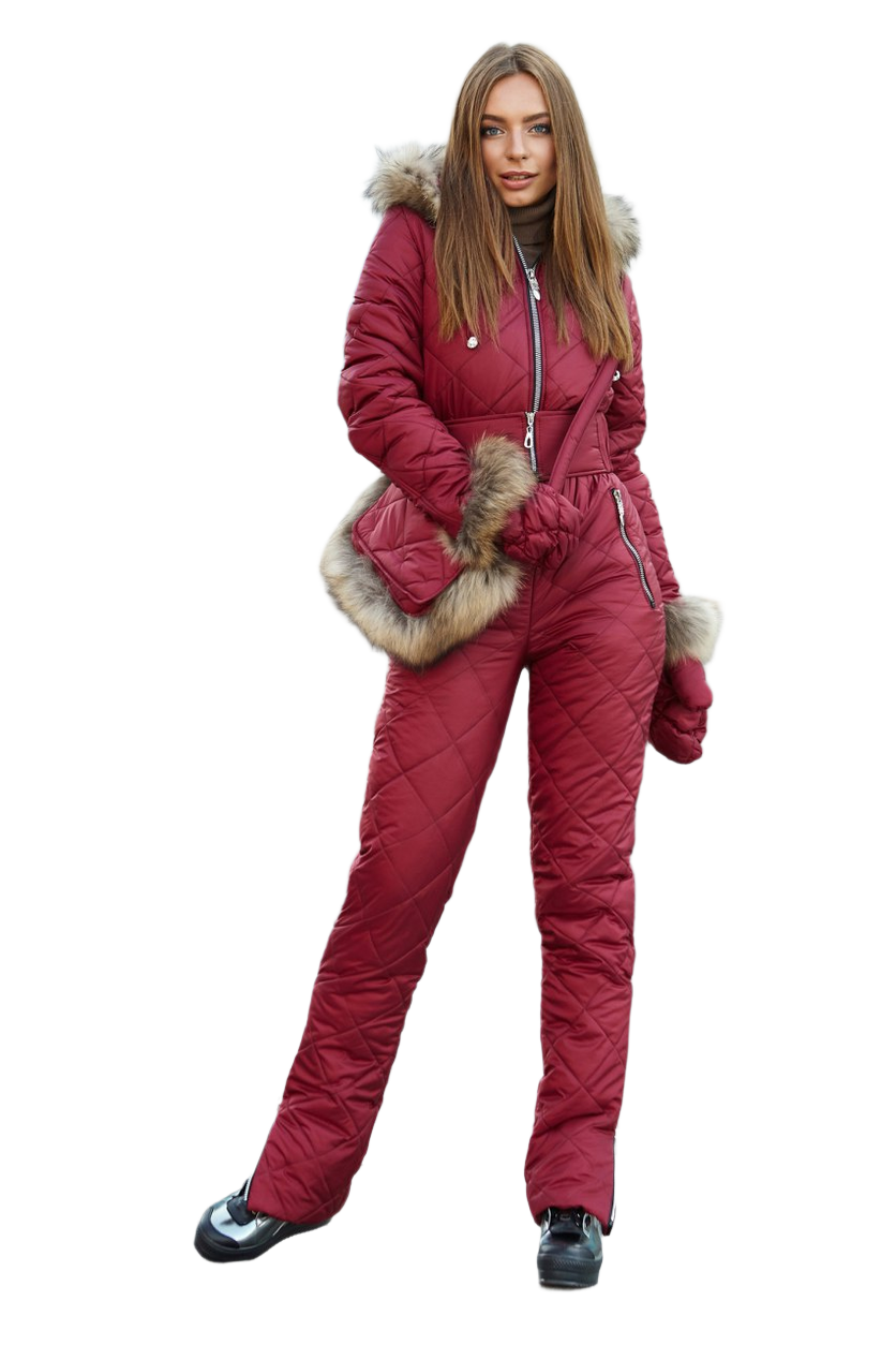 Winter Women's Quilted Ski Jumpsuit with Natural Raccoon Fur Trim