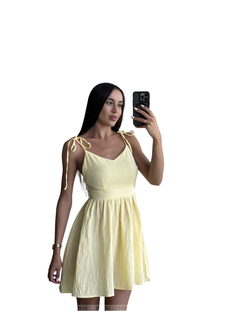 Light Yellow Linen Summer Dress with Adjustable Shoulder Ties