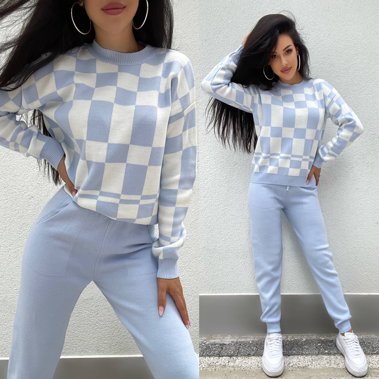Two images of a person wearing a checkered sweater and light blue pants against a gray wall.