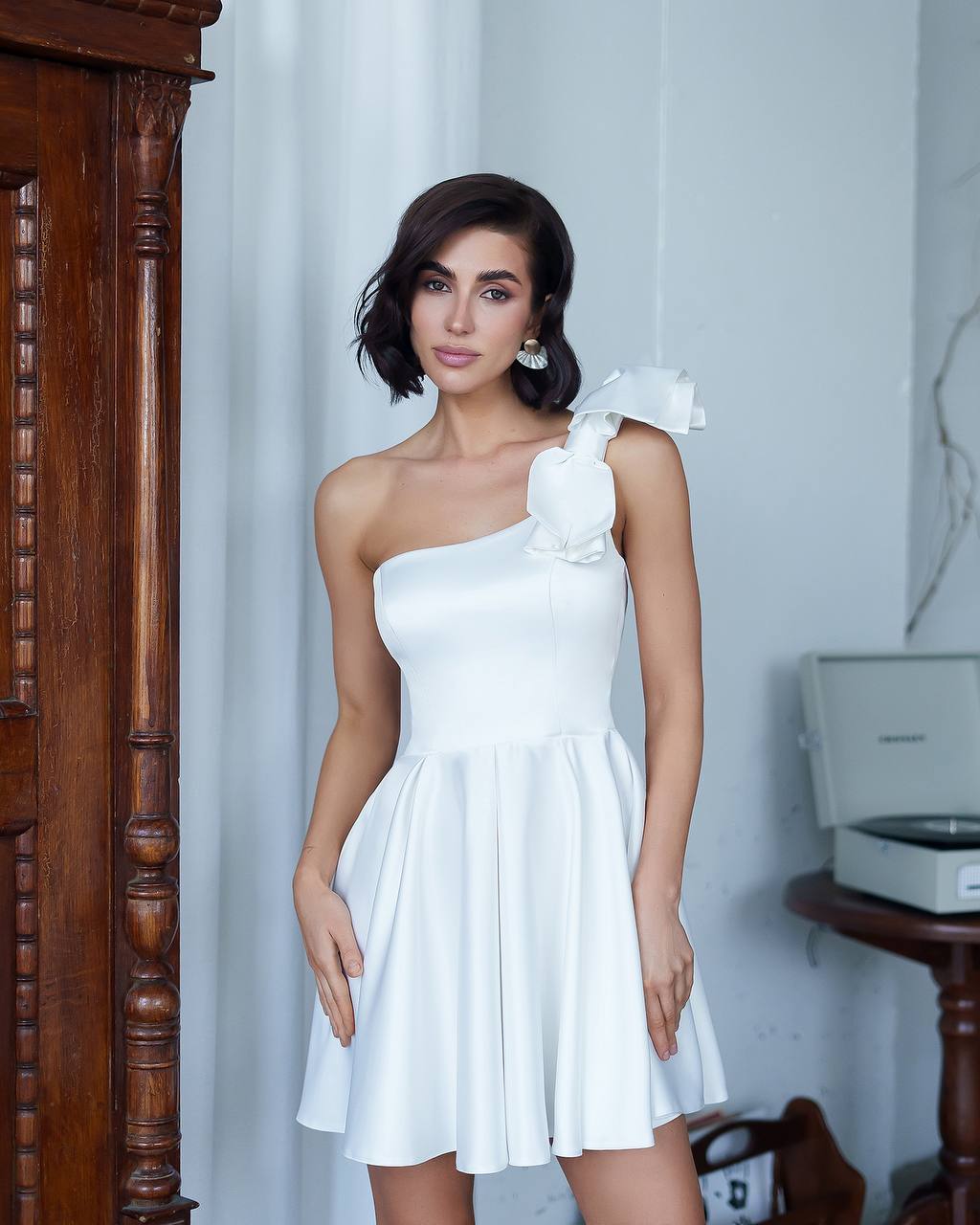 One Shoulder Short Dress in Dense Royal Mango Satin