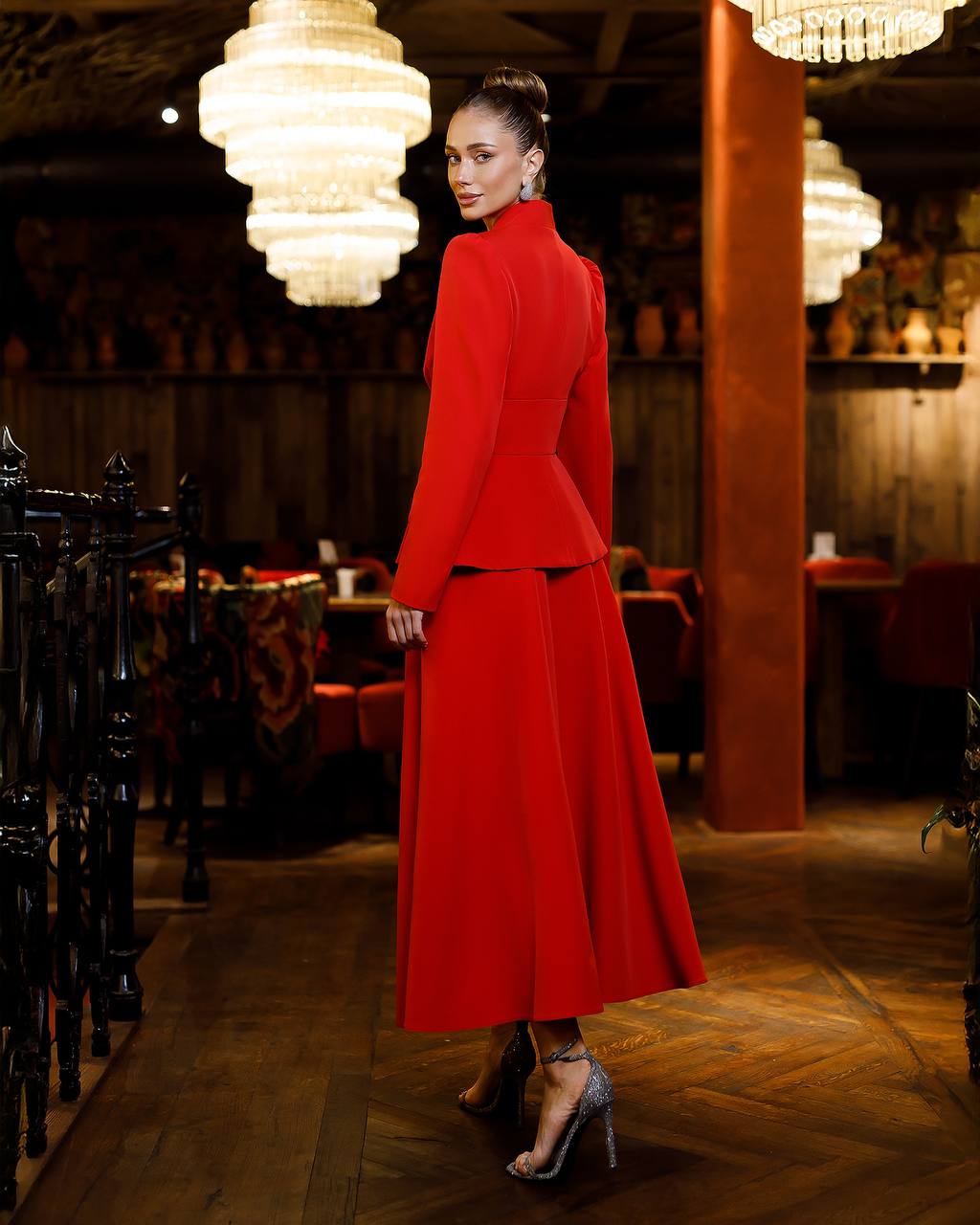 Womens Premium Suit Crepe Diagonal Jacket and Skirt Set in Red Milk and Black