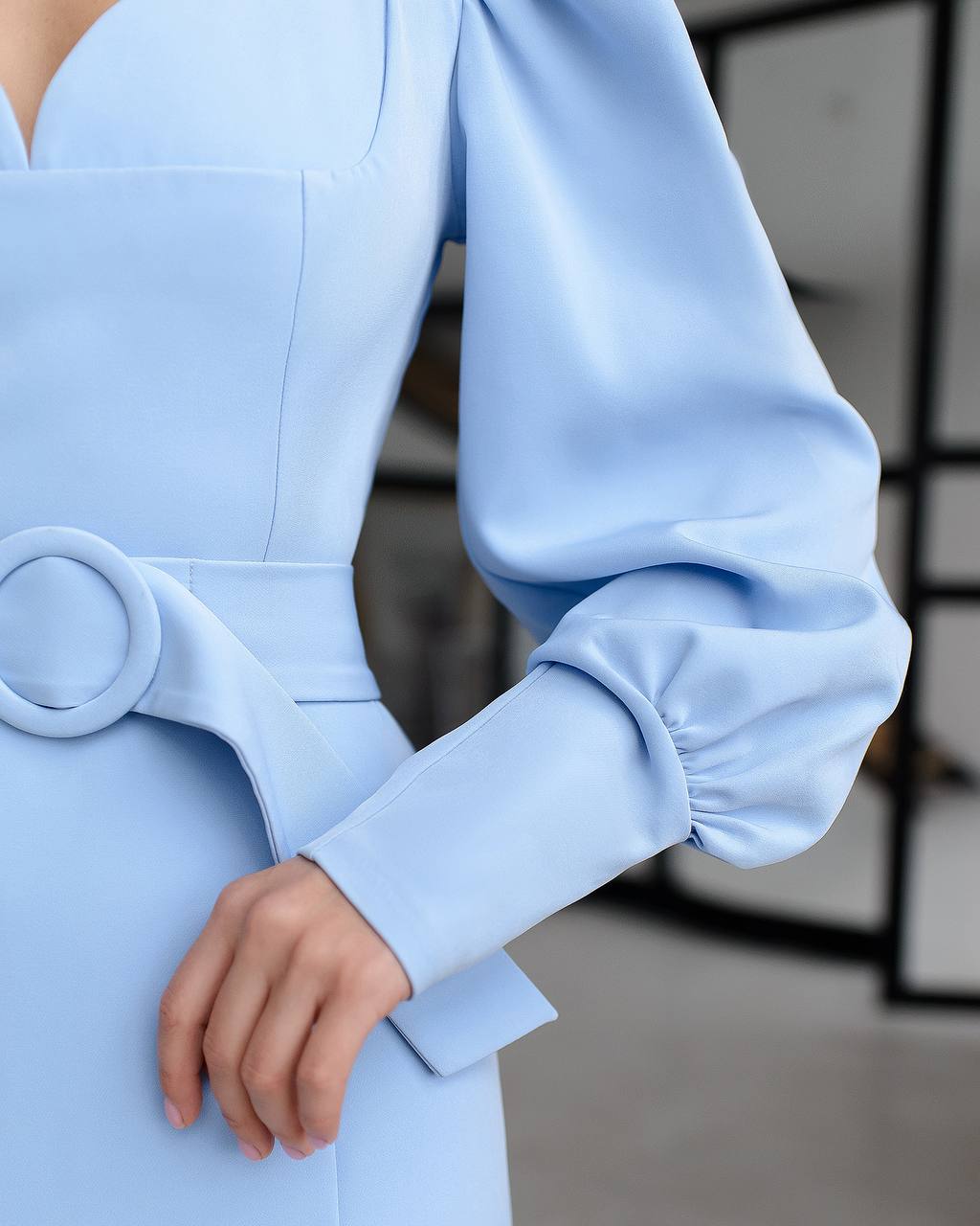 Elegant Midi Dress with Puff Long Sleeves and Belt in Premium Suit Crepe