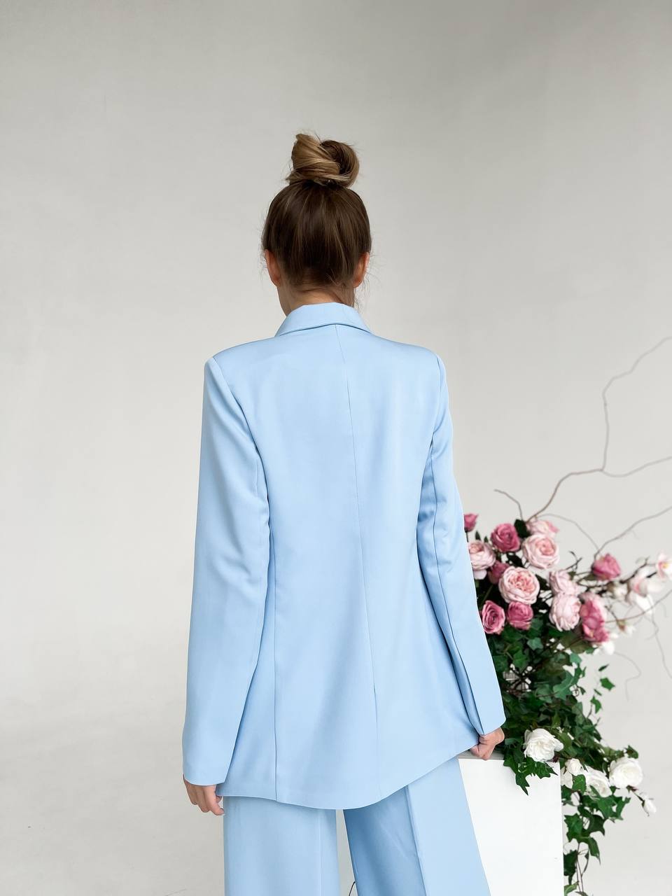 Sky Blue Palazzo Suit Diagonal Crepe Lined Blazer Wide Leg Pants