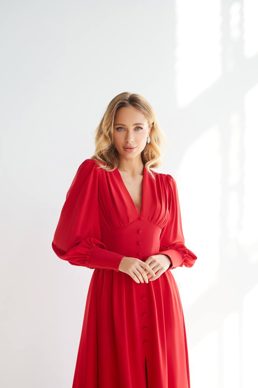 Elegant Red Crepe Silk Midi Dress with Puff Sleeves