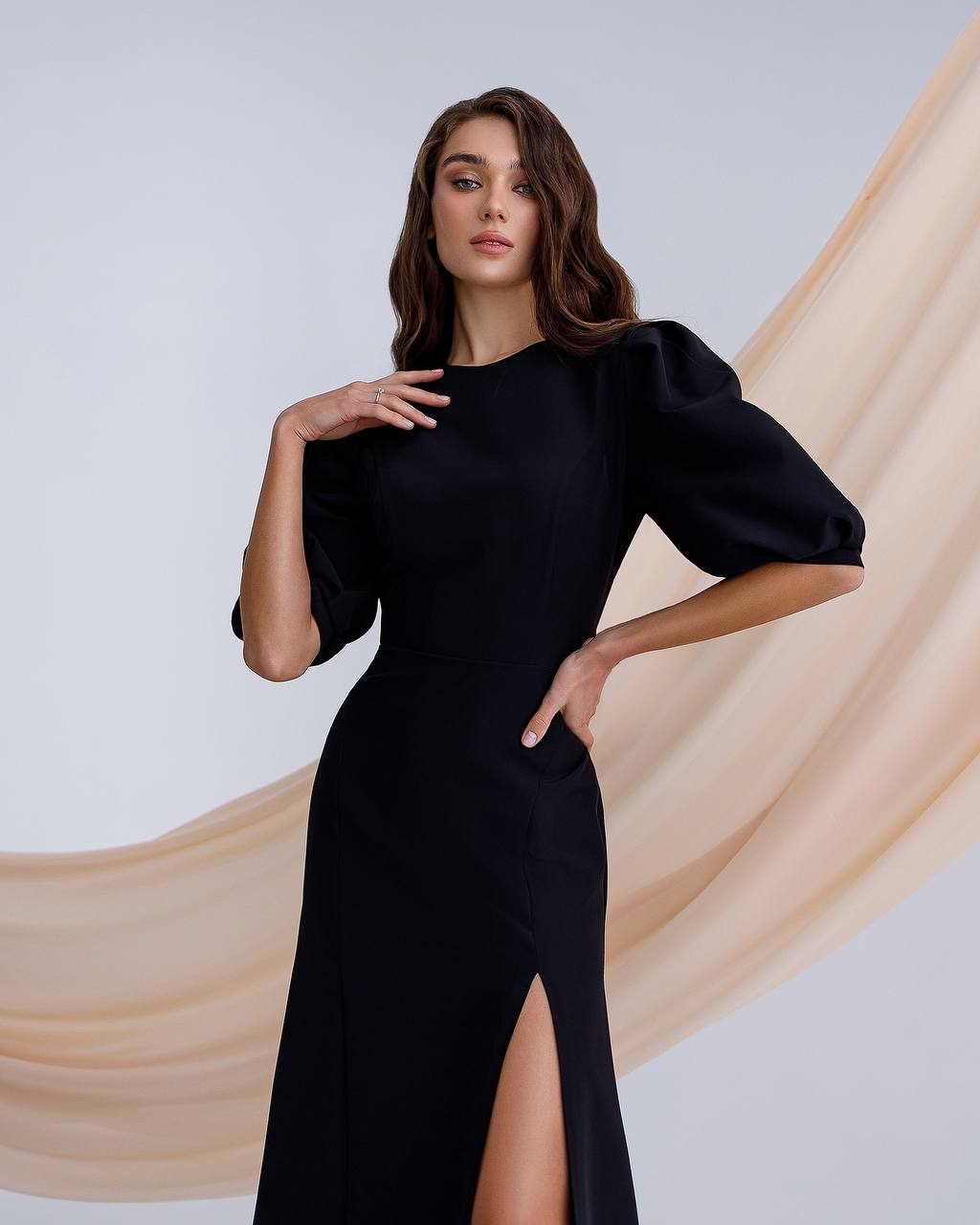 Elegant Women Midi Dress in Premium Diagonal Crepe Fabric